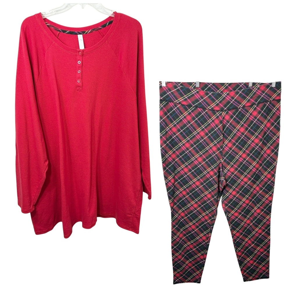 Cacique Sleep Plus Size 26/28 Pajama Set Red Waffle Henley Plaid Leggings 1324